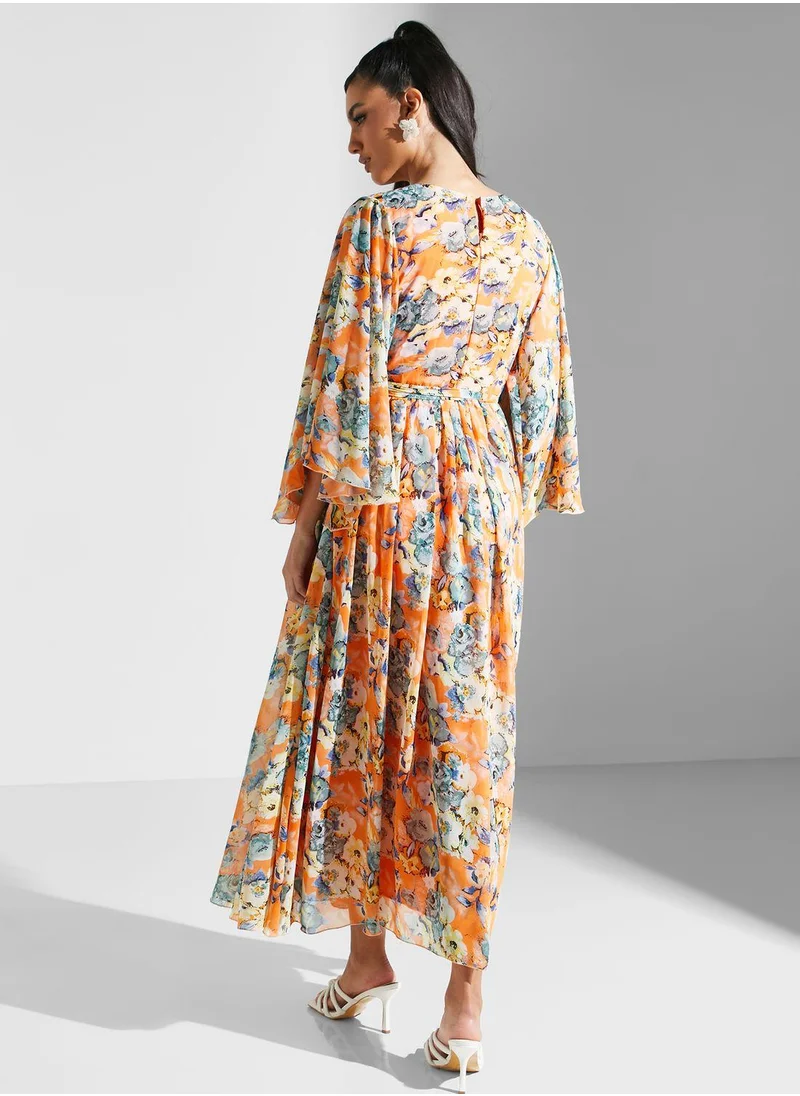 جولدن ابل V Neck  Floral Printed Dress