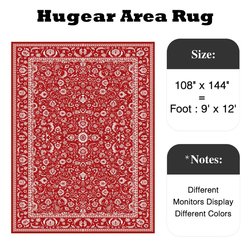 HUGEAR Christmas 9x12 Machine Washable Rugs Red Hallway Large Area Rug Indoor Accent Rug Floral Low Pile Carpet Soft Throw Aesthetic Rug Bedroom Living Room Office Dining Room Kitchen Laundry Room - Image 2