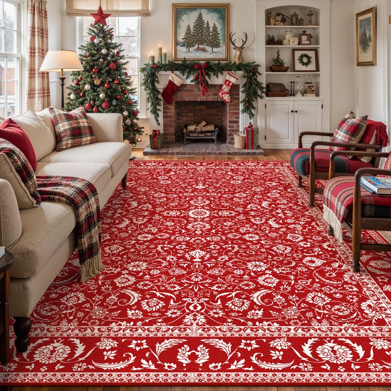 HUGEAR Christmas 9x12 Machine Washable Rugs Red Hallway Large Area Rug Indoor Accent Rug Floral Low Pile Carpet Soft Throw Aesthetic Rug Bedroom Living Room Office Dining Room Kitchen Laundry Room - Image 1