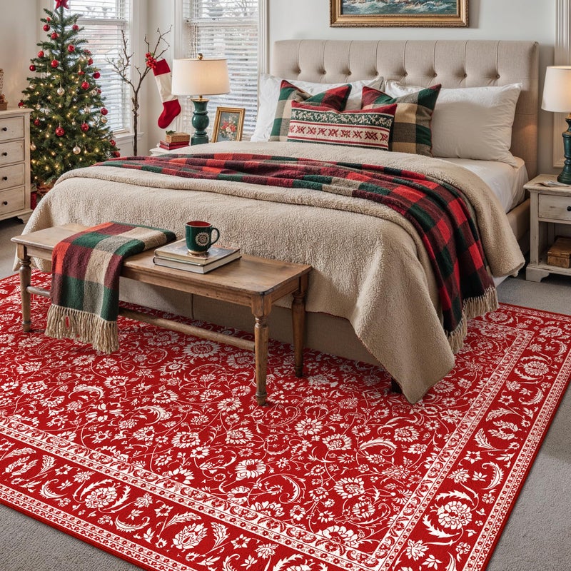 HUGEAR Christmas 9x12 Machine Washable Rugs Red Hallway Large Area Rug Indoor Accent Rug Floral Low Pile Carpet Soft Throw Aesthetic Rug Bedroom Living Room Office Dining Room Kitchen Laundry Room - Image 4