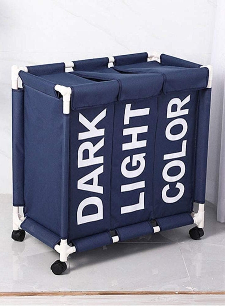 BOAO 3 Section Laundry Sorter, 3 Bag Laundry Hamper Cart with Heavy Duty Rolling Lockable Wheels and Removable Bags, Laundry Organizer Basket Clothes Separator Hamper, Lable Nevy BLUE - Image 1