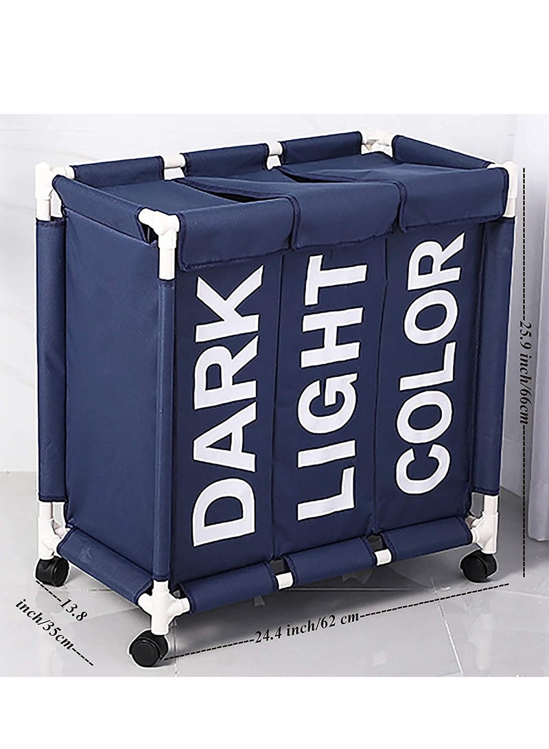 BOAO 3 Section Laundry Sorter, 3 Bag Laundry Hamper Cart with Heavy Duty Rolling Lockable Wheels and Removable Bags, Laundry Organizer Basket Clothes Separator Hamper, Lable Nevy BLUE - Image 2