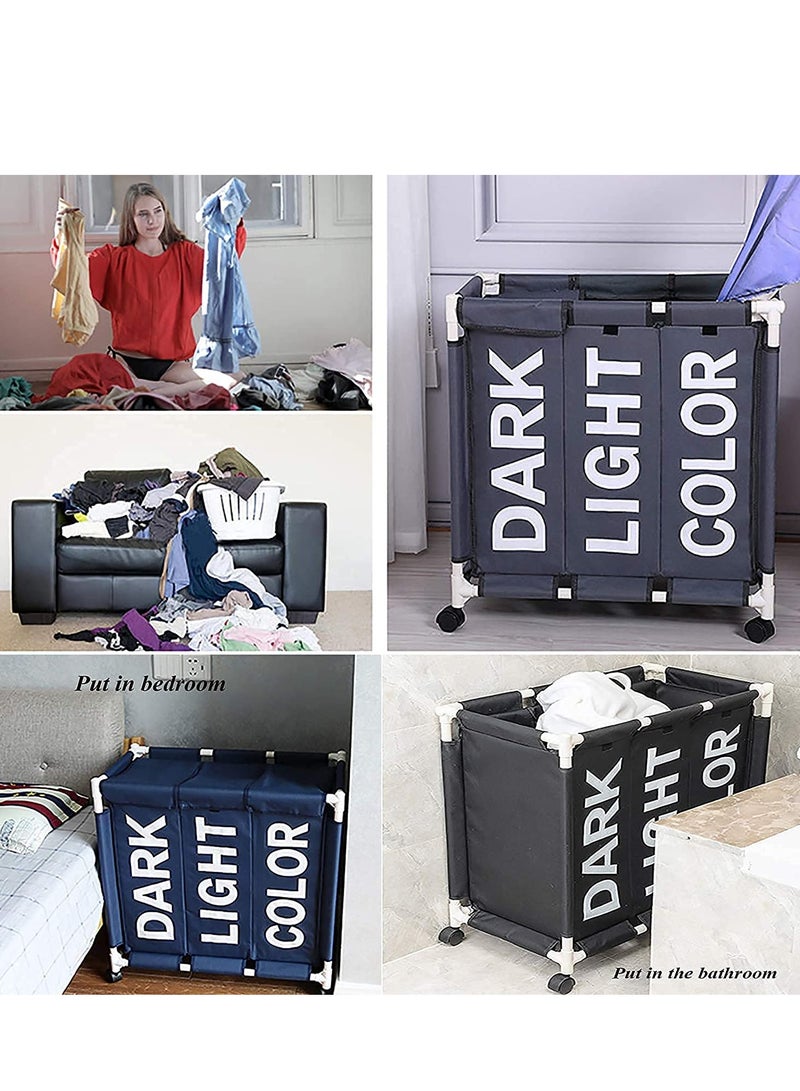 BOAO 3 Section Laundry Sorter, 3 Bag Laundry Hamper Cart with Heavy Duty Rolling Lockable Wheels and Removable Bags, Laundry Organizer Basket Clothes Separator Hamper, Lable Nevy BLUE - Image 3