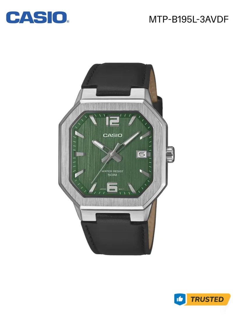 Casio MTP-B195L-3AVDF Men Analog Watch Octagonal Green Dial Leather Strap