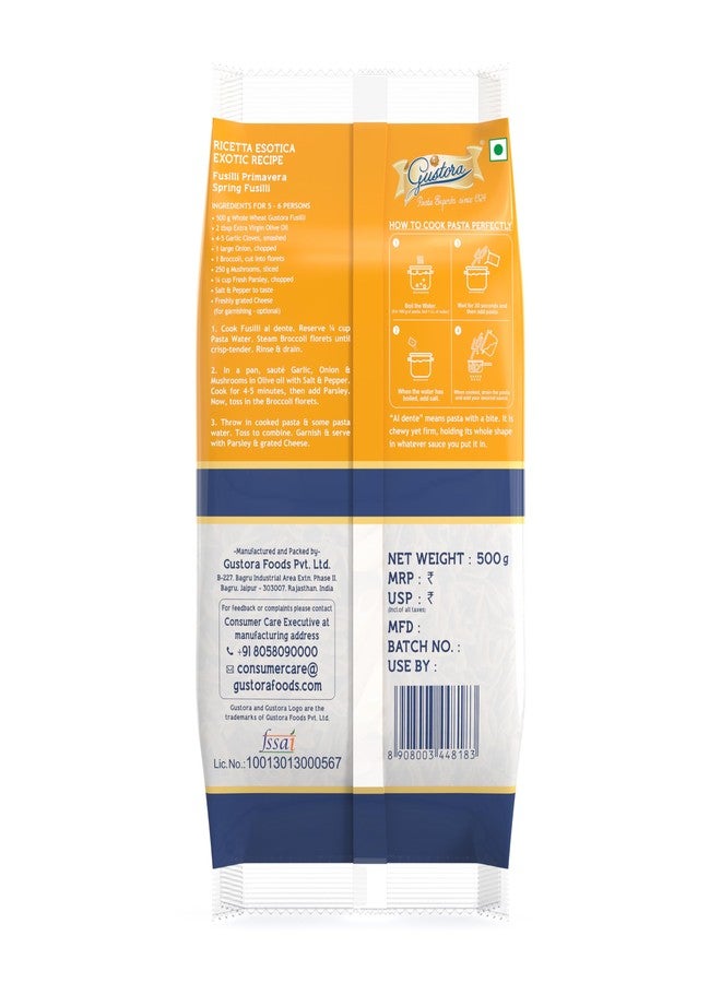 GUSTORA Whole Wheat Fusilli Pasta, 500g I Spiral Pasta Made of Durum Wheat Semolina I Rich in Protein & Fibre I Zero cholesterol I Vegetarian I No Trans-Fat I Cooking Time 10 Min (500g) - Image 2