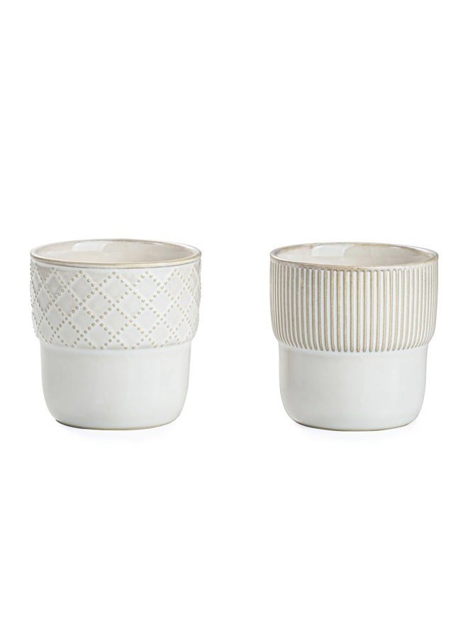 MIKIGEY Espresso Cups Set of 2, 4oz Espresso Shot Cups, Mini Coffee Mugs Farmhouse Decor, Demitasse Cup Perfect for Coffee Maker, Microwave and Dishwasher Safe, (Embossed Stripes+Checks - Image 1