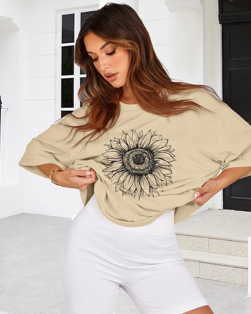 rosemia Womens Oversized Tshirt Graphic Tees Crew Neck Summer Short Sleeve Loose Fit Tops (A-Sunflower Print Khaki, XXL) - Image 4