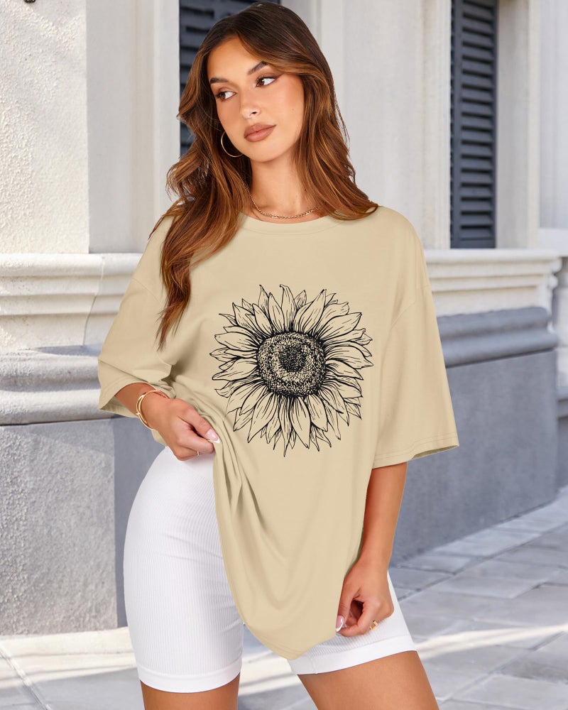 rosemia Womens Oversized Tshirt Graphic Tees Crew Neck Summer Short Sleeve Loose Fit Tops (A-Sunflower Print Khaki, XXL) - Image 3