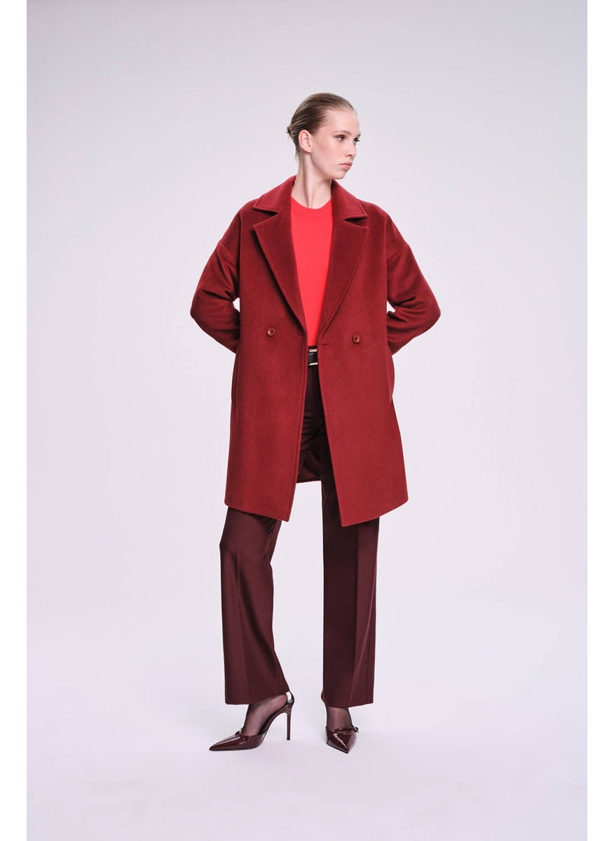 Hatemoğlu Sayki Woman Claret Red Dynamic Fit Mono Collar Wool Coat  - Image 3