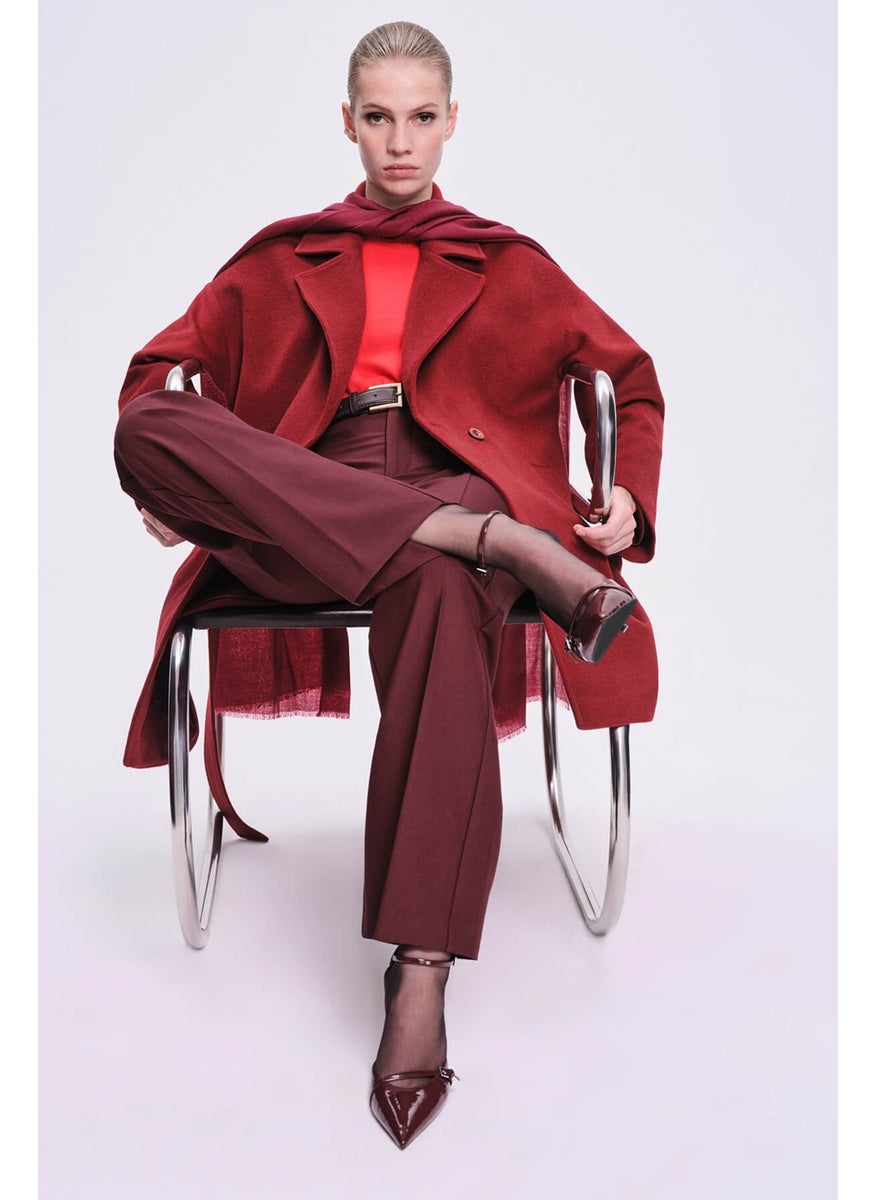 Hatemoğlu Sayki Woman Claret Red Dynamic Fit Mono Collar Wool Coat  - Image 2