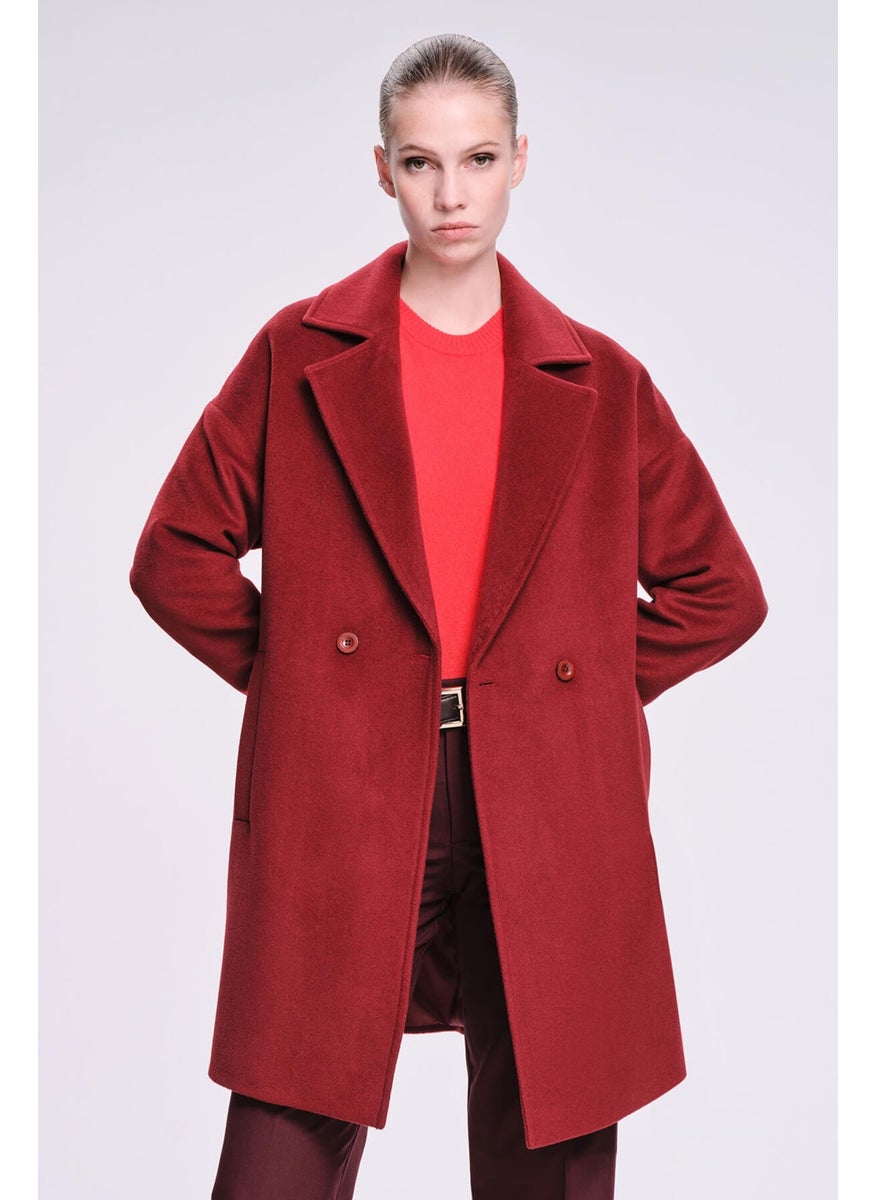 Hatemoğlu Sayki Woman Claret Red Dynamic Fit Mono Collar Wool Coat  - Image 1