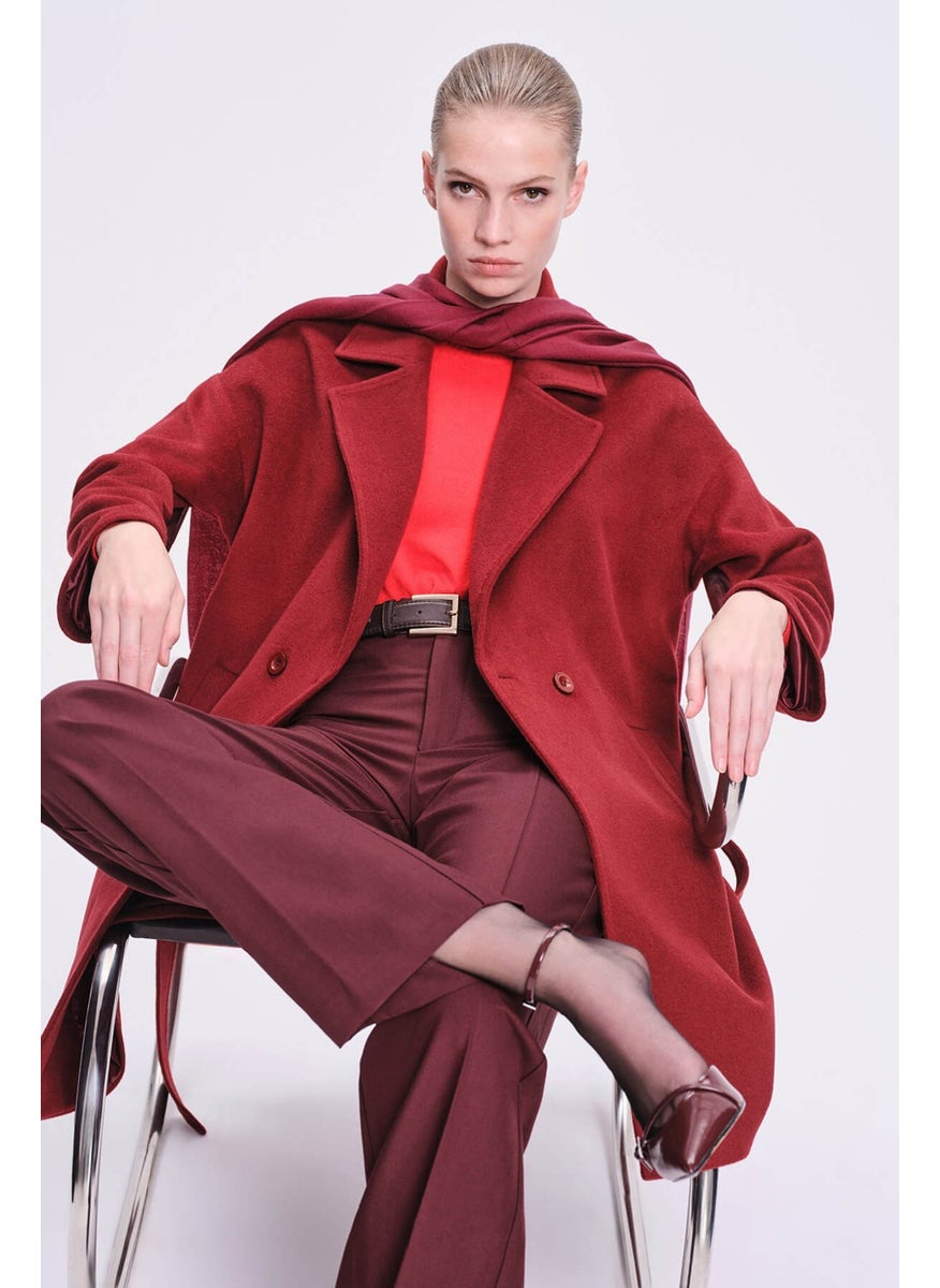 Hatemoğlu Sayki Woman Claret Red Dynamic Fit Mono Collar Wool Coat  - Image 4