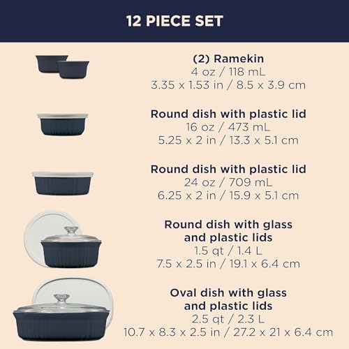 Corningware طقم أواني الخبز السيراميكية من كورنينغ وير مع أغطية مقاومة للكسر والتشقق، صينية خبز من الحجر، آمنة للاستخدام في الميكروويف، غسالة الصحون، الفرن، الفريزر والثلاجة، 12 قطعة، لون أزرق فرنسي - Image 2