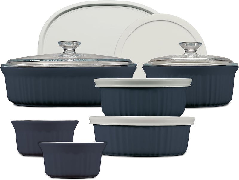 Corningware طقم أواني الخبز السيراميكية من كورنينغ وير مع أغطية مقاومة للكسر والتشقق، صينية خبز من الحجر، آمنة للاستخدام في الميكروويف، غسالة الصحون، الفرن، الفريزر والثلاجة، 12 قطعة، لون أزرق فرنسي - Image 1