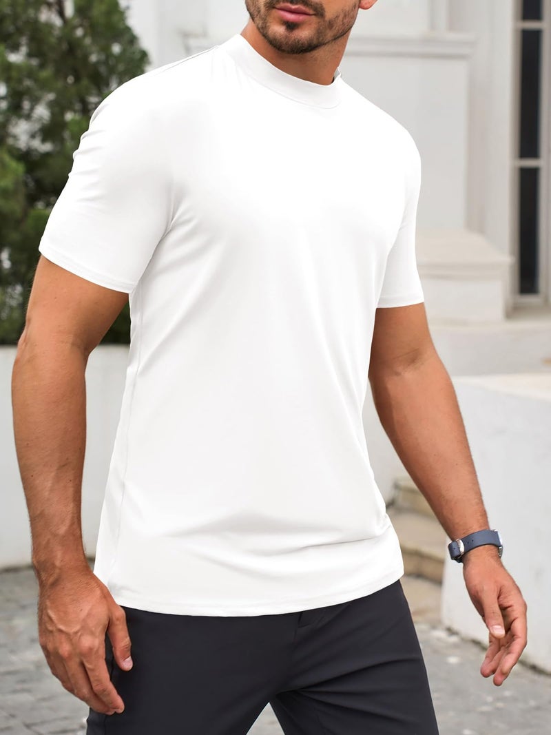 Makkrom Mens Mock Turtleneck T-Shirts Summer Short Sleeve Basic Tees Casual Solid Pullover Tops White - Image 3
