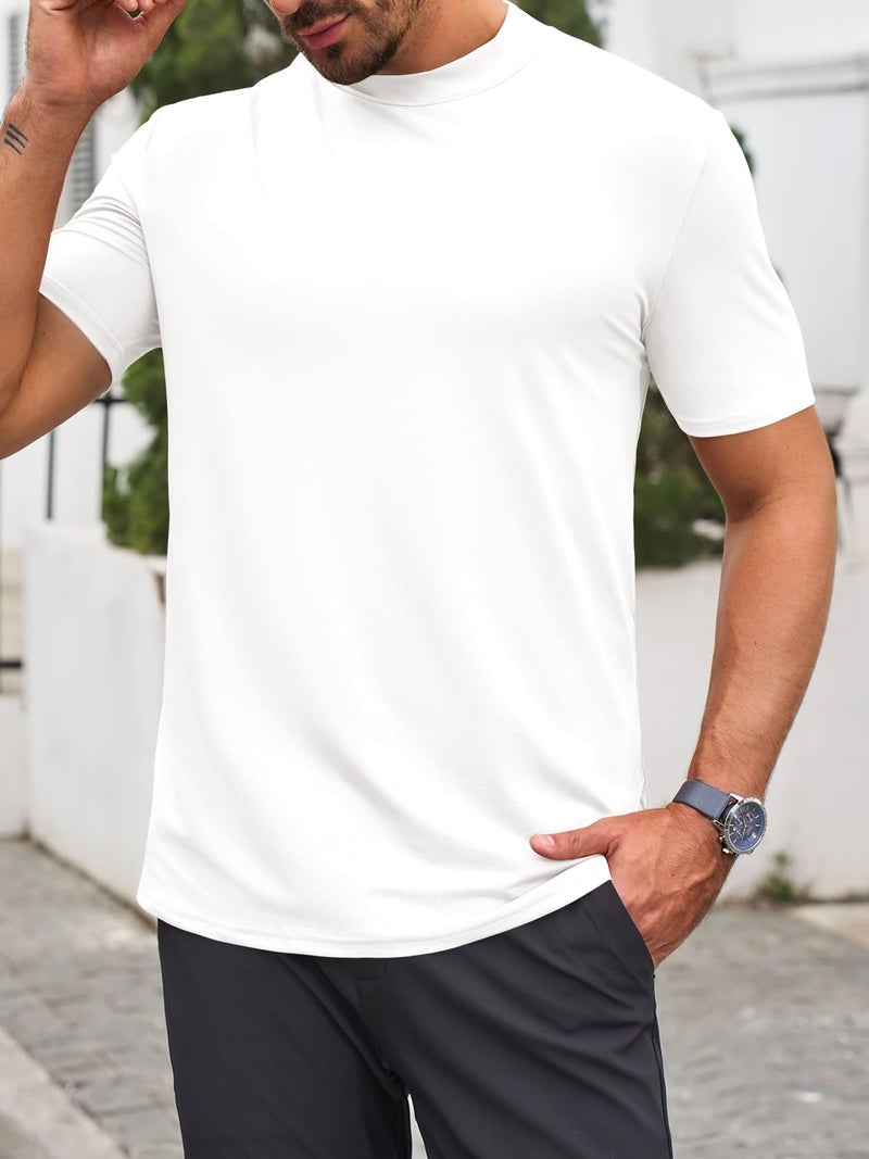 Makkrom Mens Mock Turtleneck T-Shirts Summer Short Sleeve Basic Tees Casual Solid Pullover Tops White - Image 2
