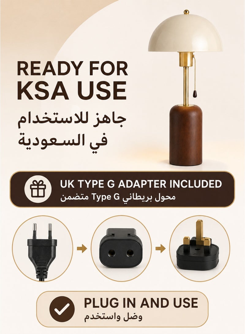 Modern Mushroom Table Lamp with 3-Color E27 LED Bulb, 45cm Bedside Lamp with Metal Dome Shade, Wooden Base, Pull Chain Switch and Type G Adapter, Cream Brown and Gold - Image 4
