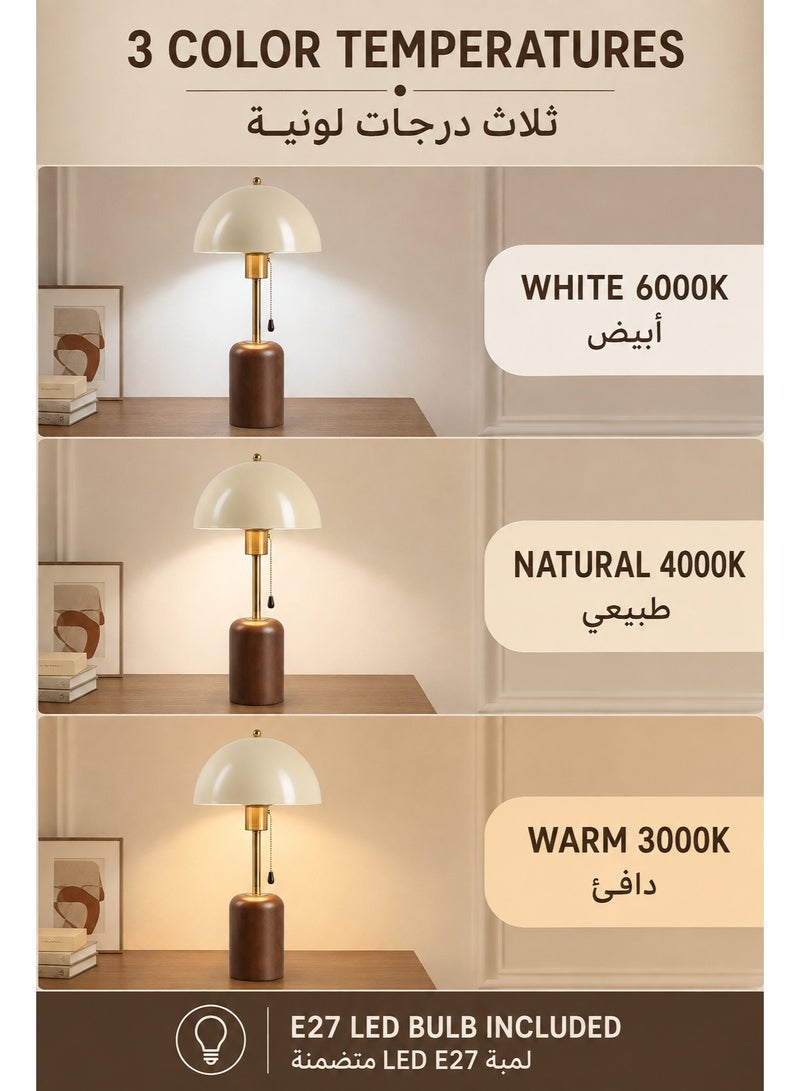 Modern Mushroom Table Lamp with 3-Color E27 LED Bulb, 45cm Bedside Lamp with Metal Dome Shade, Wooden Base, Pull Chain Switch and Type G Adapter, Cream Brown and Gold - Image 5