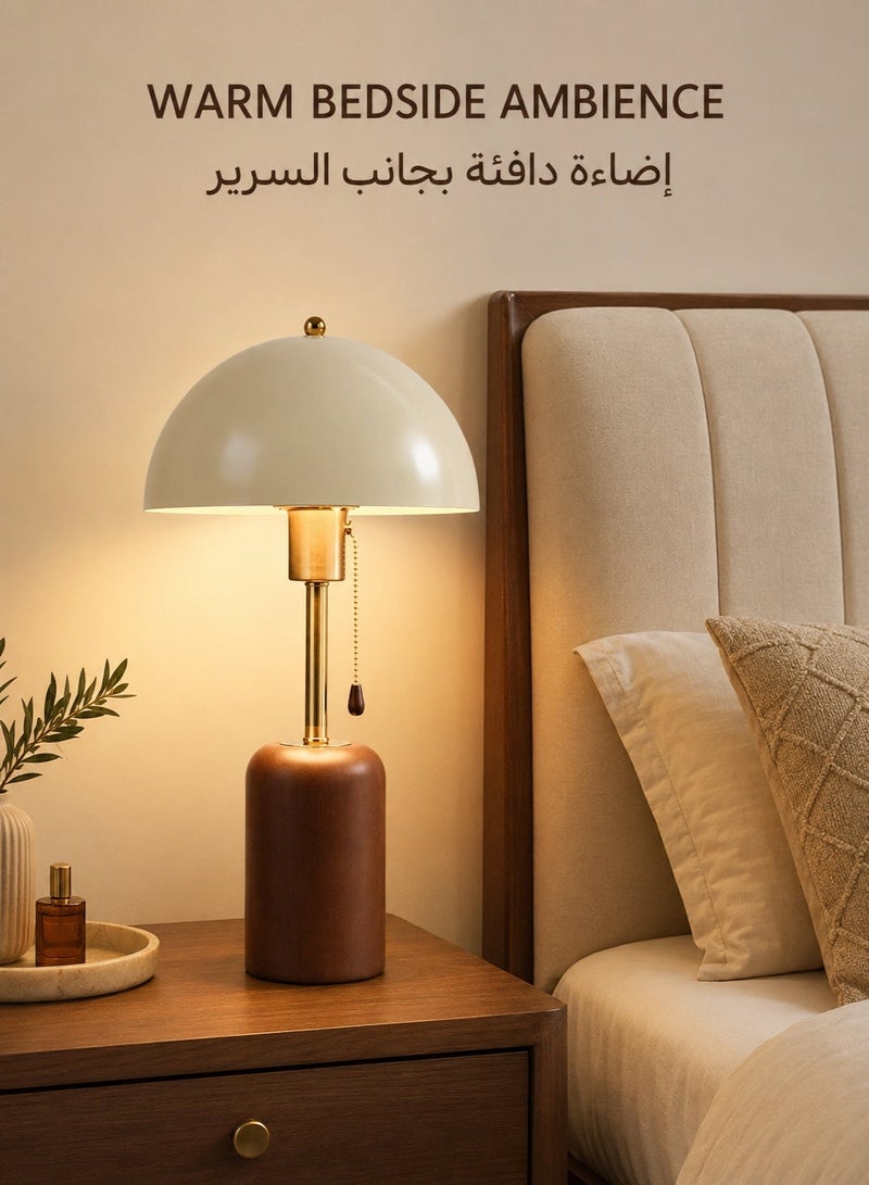 Modern Mushroom Table Lamp with 3-Color E27 LED Bulb, 45cm Bedside Lamp with Metal Dome Shade, Wooden Base, Pull Chain Switch and Type G Adapter, Cream Brown and Gold - Image 2