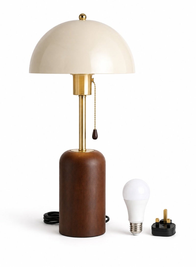 Modern Mushroom Table Lamp with 3-Color E27 LED Bulb, 45cm Bedside Lamp with Metal Dome Shade, Wooden Base, Pull Chain Switch and Type G Adapter, Cream Brown and Gold - Image 1