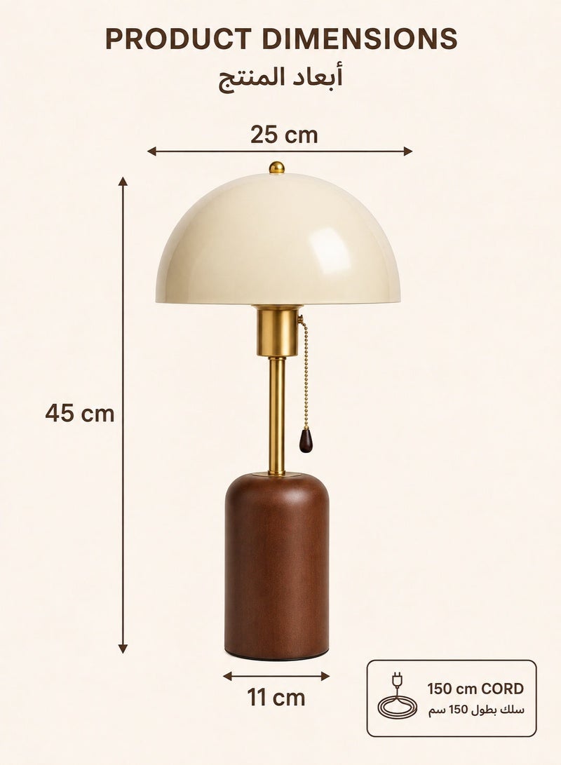Modern Mushroom Table Lamp with 3-Color E27 LED Bulb, 45cm Bedside Lamp with Metal Dome Shade, Wooden Base, Pull Chain Switch and Type G Adapter, Cream Brown and Gold - Image 3