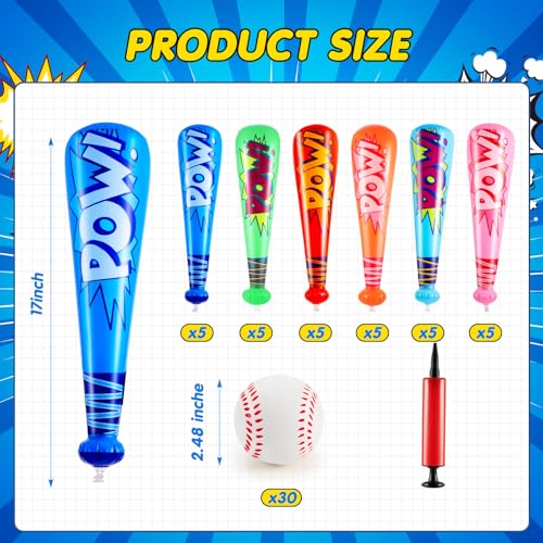 Seematn 30 Sets Inflatable Baseball Bats and Baseballs Set Includes 17 Inch Pow Inflatable Baseball Bats and 25 Inch Mini Foam Baseballs for Sports Party Favor Carnival Birthday Bright Colors - Image 5