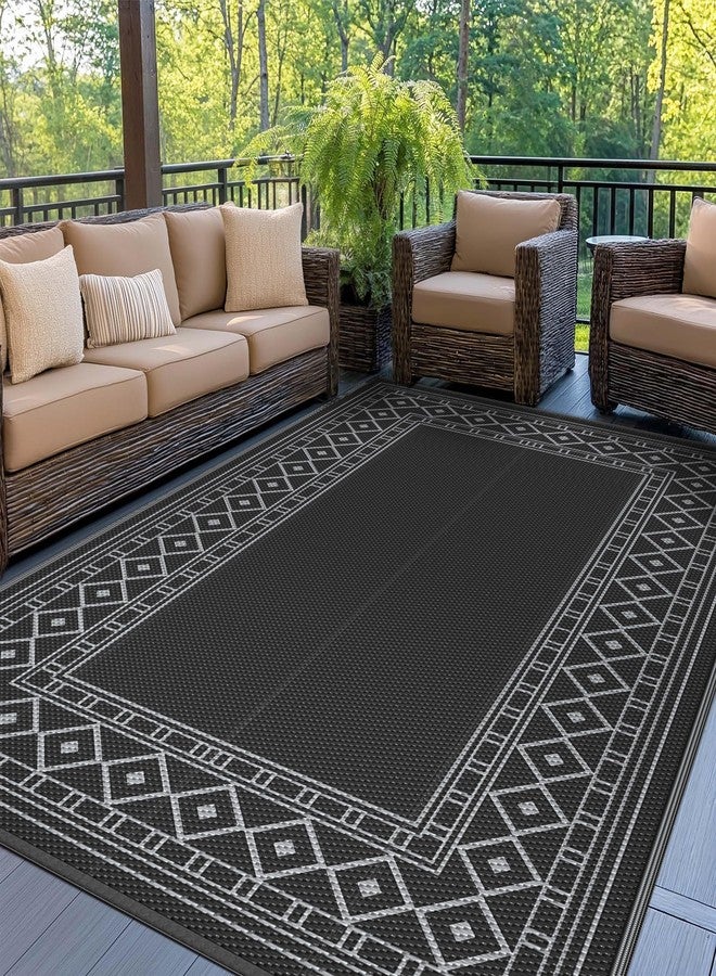GENIMO Outdoor Rug Waterproof 6'x9' for Patio, Foldable Reversible Plastic Straw Carpet for Travel Trailers, Outside Area Mat for Rv, Deck, Picnic, Porch, Camper, Balcony, Beach, Black & Grey - Image 1
