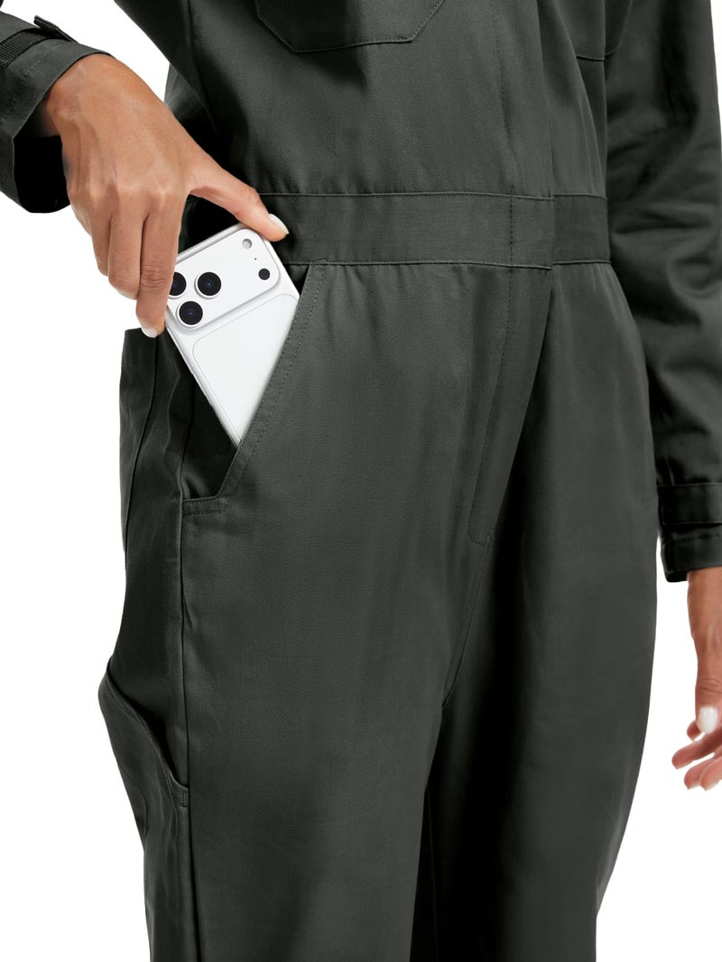 WORK IDEA Women's Long Sleeve Coveralls - 100% Cotton Work Jumpsuits Action Back And Utility Pockets with Hook - Image 2