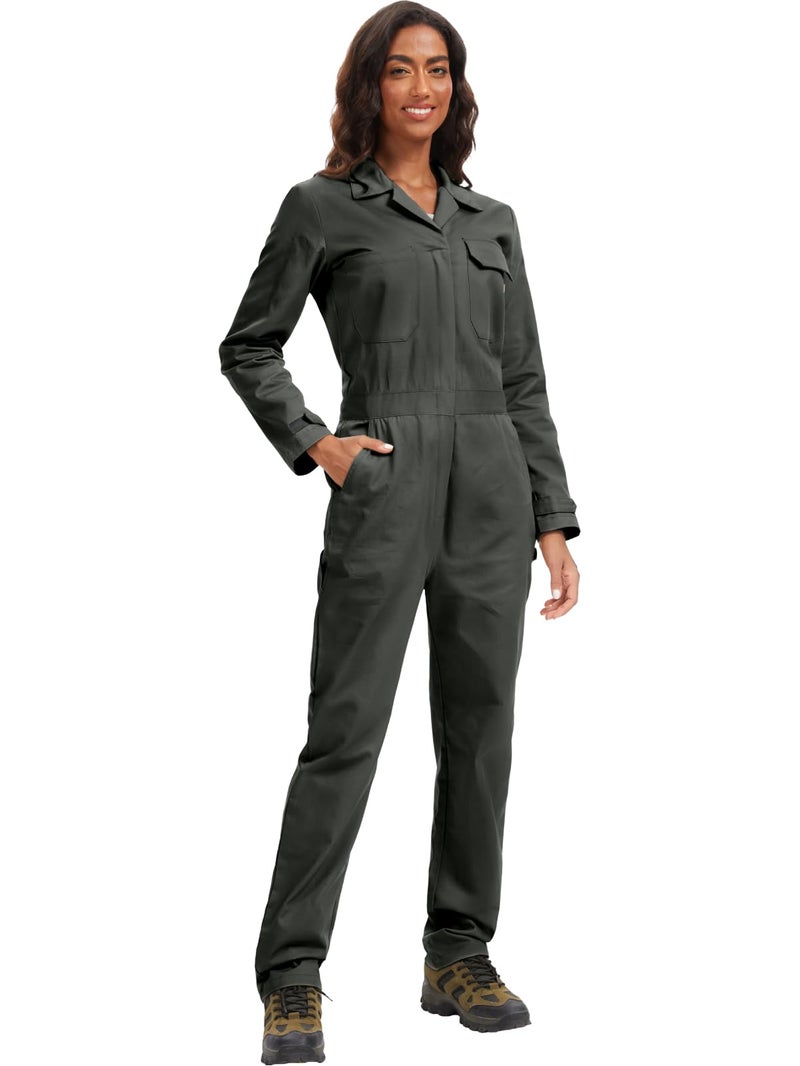 WORK IDEA Women's Long Sleeve Coveralls - 100% Cotton Work Jumpsuits Action Back And Utility Pockets with Hook - Image 1