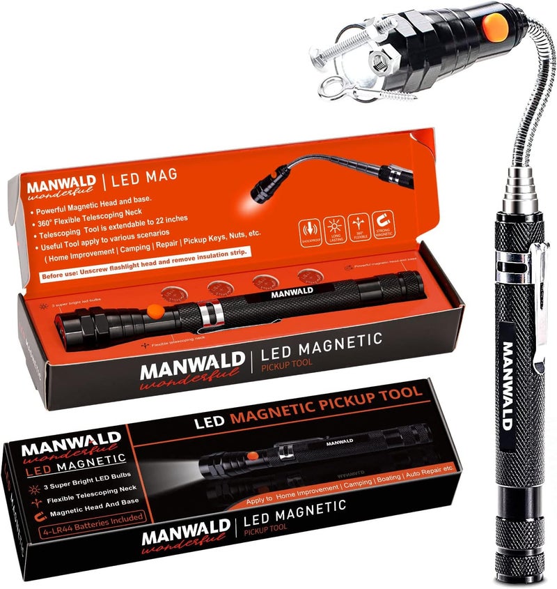 MANWALD LED Magnetic Pickup Tools, Christmas Stocking Stuffers for Men Adults, Telescoping Magnetic Flashlights with Extendable Magnet Stick, Birthday Gifts for Men, Him, Dad, Boyfriends, Black - Image 1