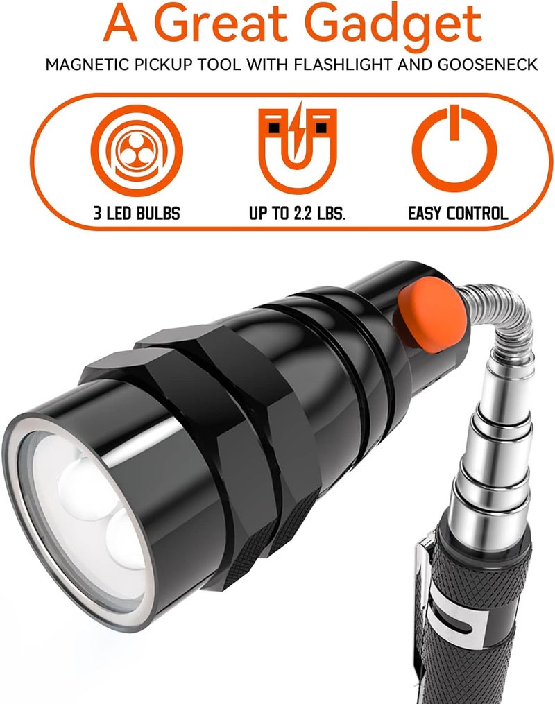 MANWALD LED Magnetic Pickup Tools, Christmas Stocking Stuffers for Men Adults, Telescoping Magnetic Flashlights with Extendable Magnet Stick, Birthday Gifts for Men, Him, Dad, Boyfriends, Black - Image 2