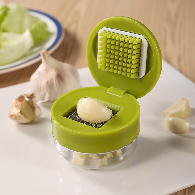 Emptycolor Mini Garlic Chopper and Press with Container, Manual Garlic Mincer Crusher Cutter Grinder, Stainless Steel Blades, Handheld Garlic Slicer Dicer Zoom Tool – Green - Image 1