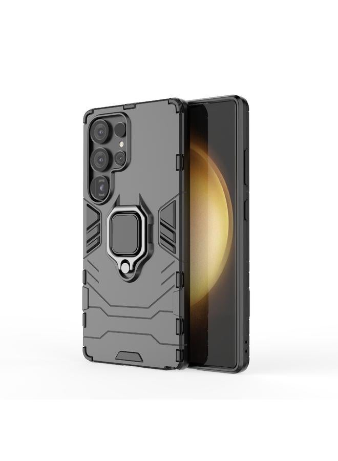 جراب هاتف Samsung Galaxy S25 Ultra 5G PC + TPU الواقي المقاوم للصدمات مع حامل حلقي مغناطيسي (أسود)