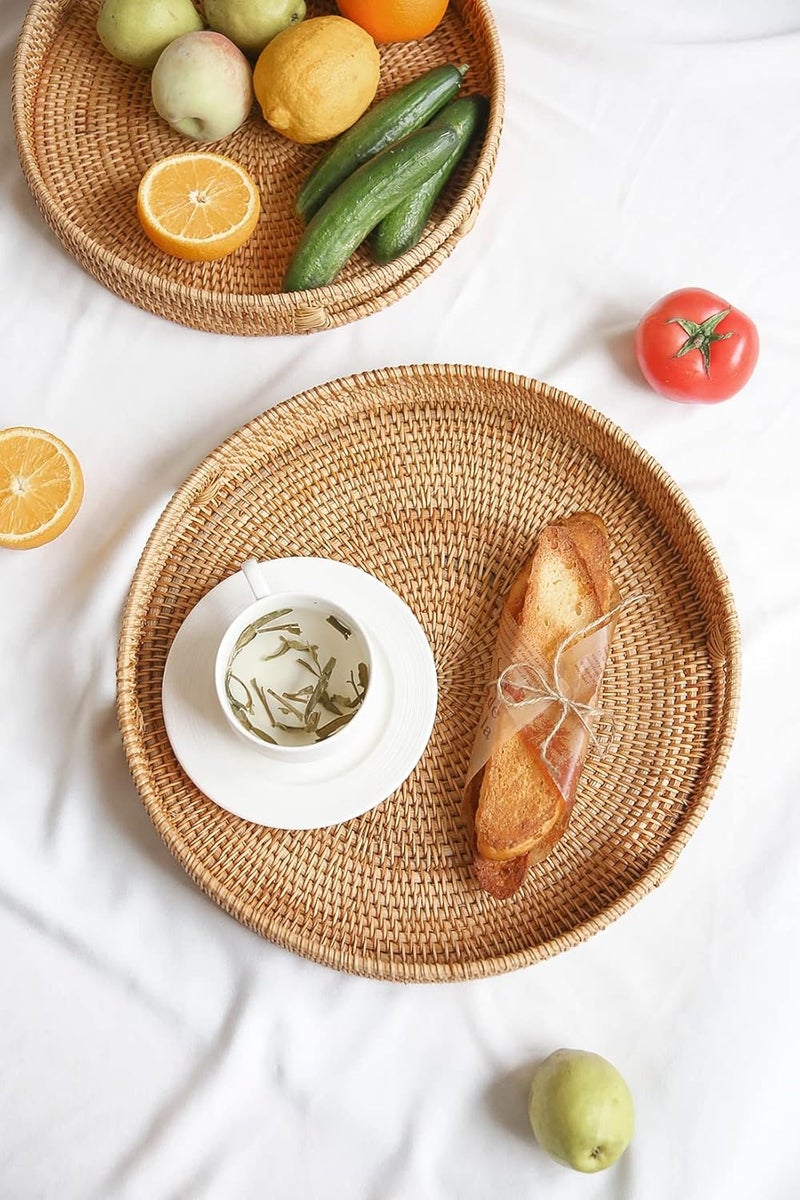 HITOMEN Hand-Woven Round Rattan Serving Tray Decorative Ottoman Wicker Platter with Handles for Coffee Table, Breakfast, Drinks, Snack, Bread, Fruit, Vegetables (Natural Set of 2: M+L) - Image 2