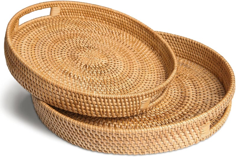 HITOMEN Hand-Woven Round Rattan Serving Tray Decorative Ottoman Wicker Platter with Handles for Coffee Table, Breakfast, Drinks, Snack, Bread, Fruit, Vegetables (Natural Set of 2: M+L) - Image 1
