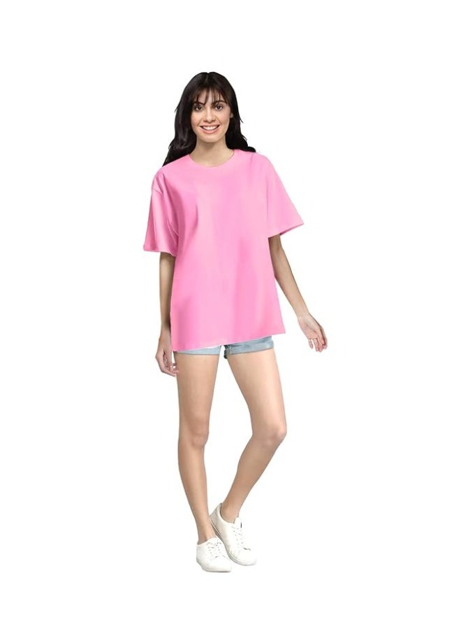 OPLU Store Women's Regular Fit Oversized Round Neck, Baby Pink Pootlu T-Shirts. 100% Cotton, Loose Tshirt, Drop Shoulder, Casual, Stylish, Plain T-Shirts,M - Image 4