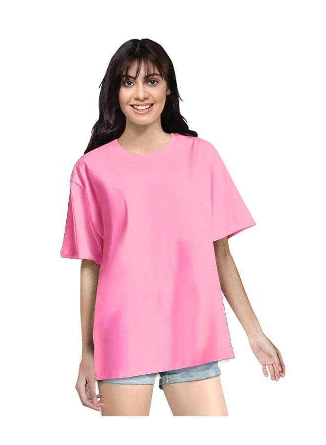 OPLU Store Women's Regular Fit Oversized Round Neck, Baby Pink Pootlu T-Shirts. 100% Cotton, Loose Tshirt, Drop Shoulder, Casual, Stylish, Plain T-Shirts,M - Image 1