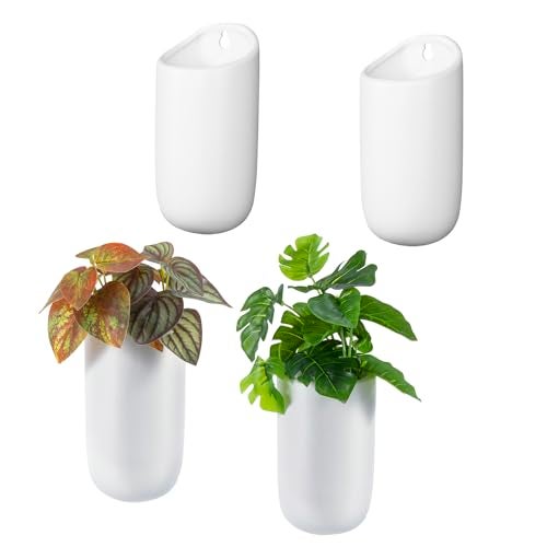 MyGift Set of 4 Mini Matte White Ceramic Indoor Wall Planter, 6 Inch Cylindrical Wall Mounted Hanging Planter Pot for Succulents, Herbs, String of Pearls - Image 1