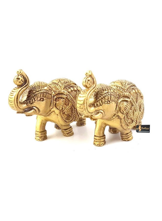 Two Moustaches Handmade Ethnic Indian Brass Elephant Pair Decor Showpiece, Standard, Golden, 2 Units - Image 1