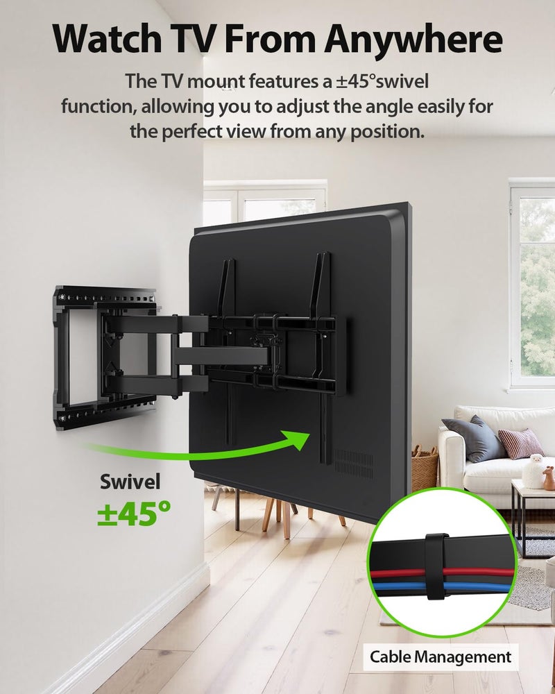 USX MOUNT Full Motion TV Wall Mount for Large TVs 42-97 Inch up to 150 lbs, Wall Mount TV Bracket with Swivel and Tilt, Fits 16",18", 24" Wood Studs, Max VESA 600x400mm Fit 65+ 75+ 85 86 90 TVs XML025 - Image 4