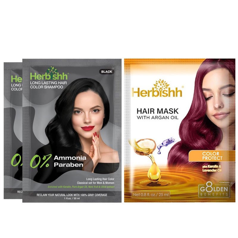 Herbishh 2 Hair Dye Instant Permanent Shampoo 3 in 1 for Gray Hair 100 Grey Coverage for Men Women 2 Hair Mask with Argan oil Longlasting Travelfriendly Ammoniafree 30 ml Black - Image 3
