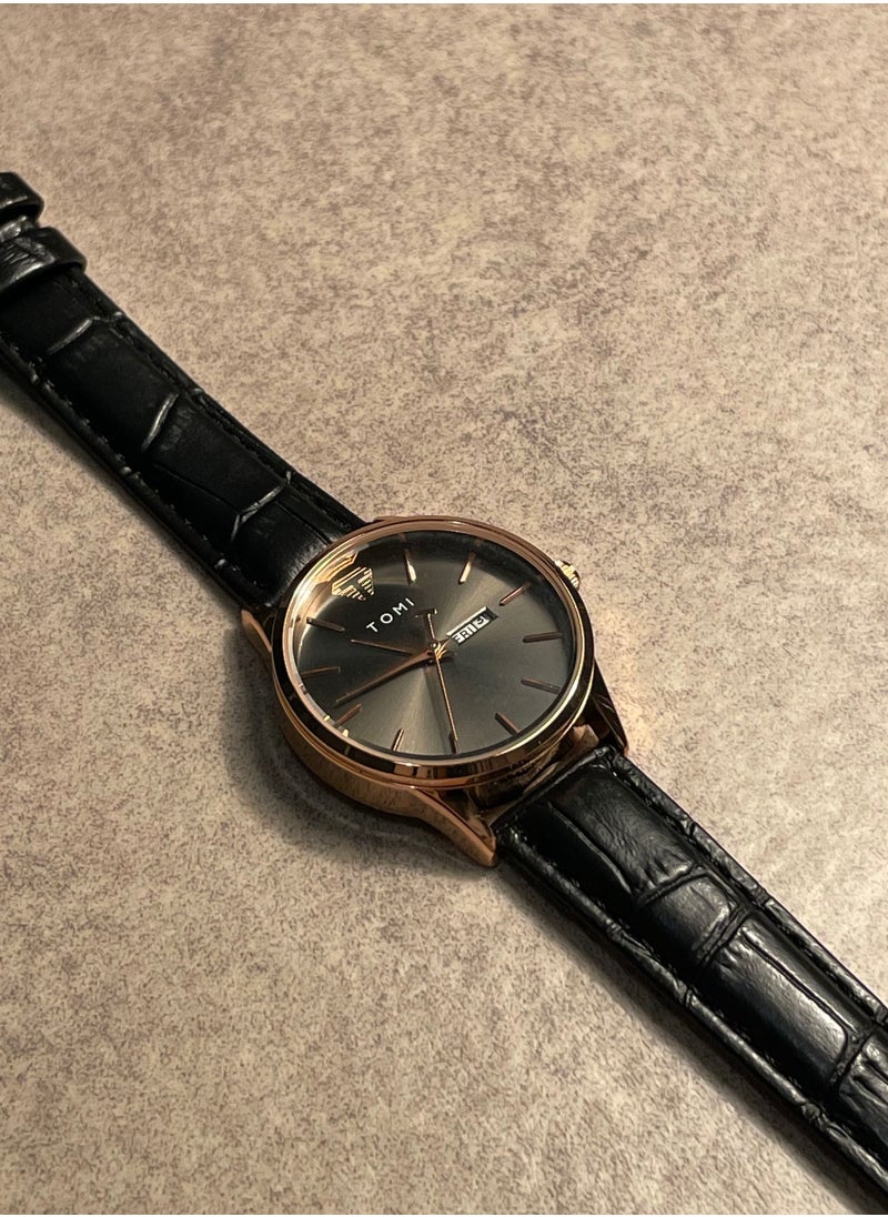 TOMI - TOMI watch with a black leather strap for women that displays the date and day on a daily basis - Image 1