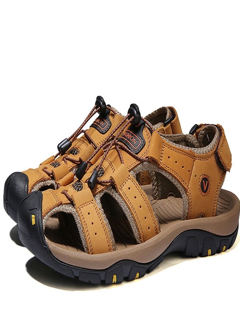 Loquat Leather Top Layer Leather Velcro Wrapped Sandals Light Brown  - Image 4