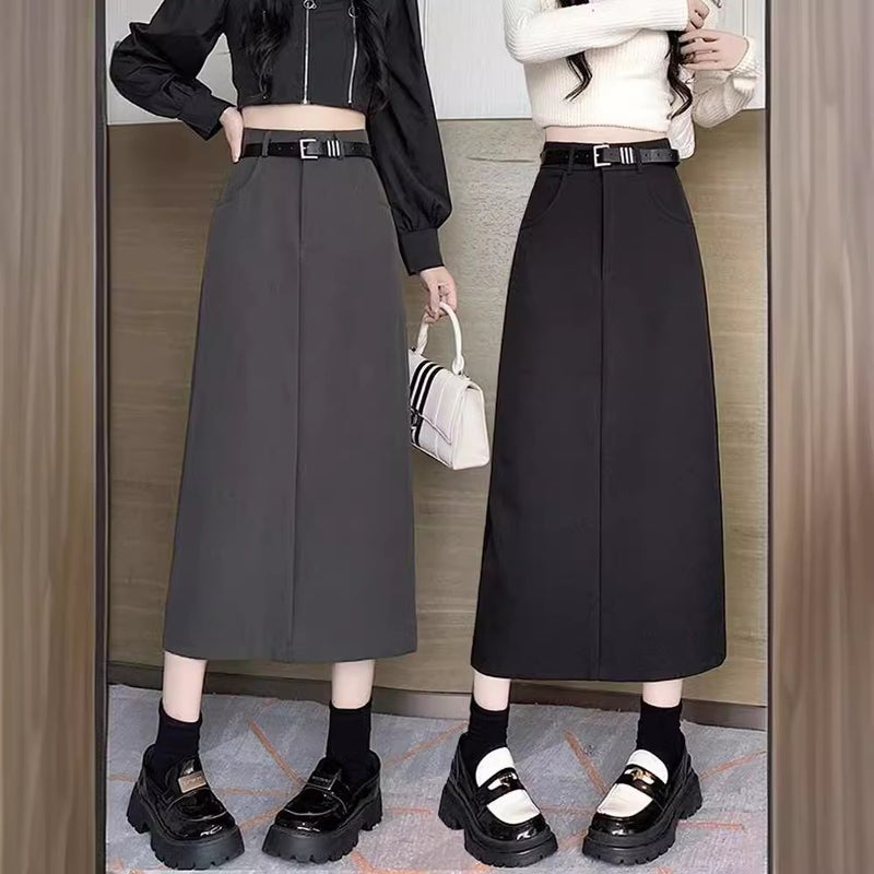 Gray Suit Skirt For Women Petite Workwear Skirt 2025 Slit Hip-Covering Long Skirt High Waist A-Line Skirt - Image 5