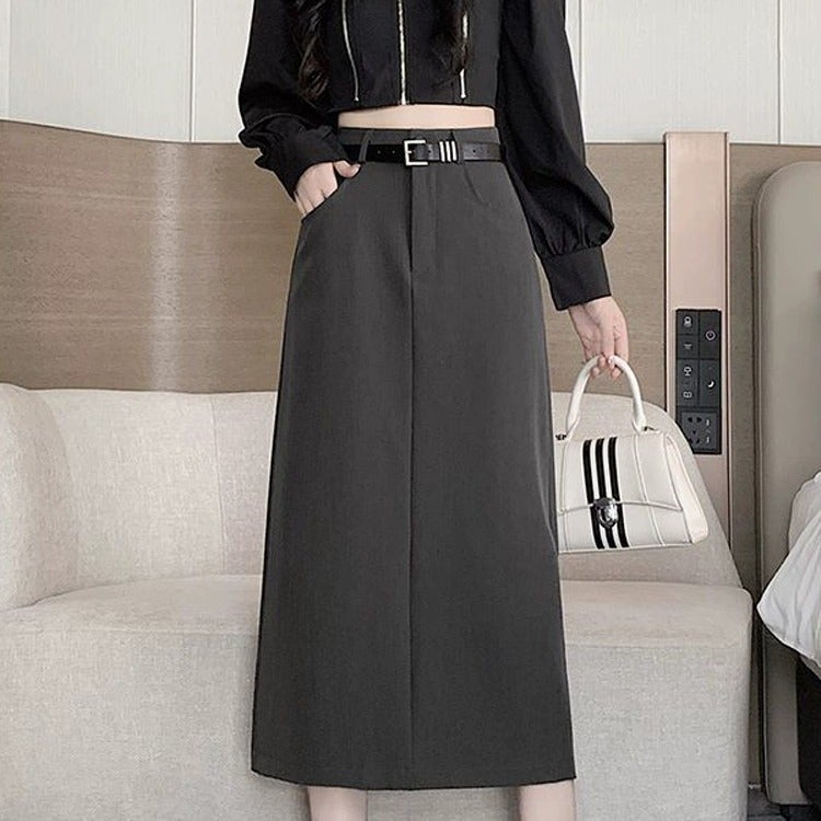Gray Suit Skirt For Women Petite Workwear Skirt 2025 Slit Hip-Covering Long Skirt High Waist A-Line Skirt - Image 2