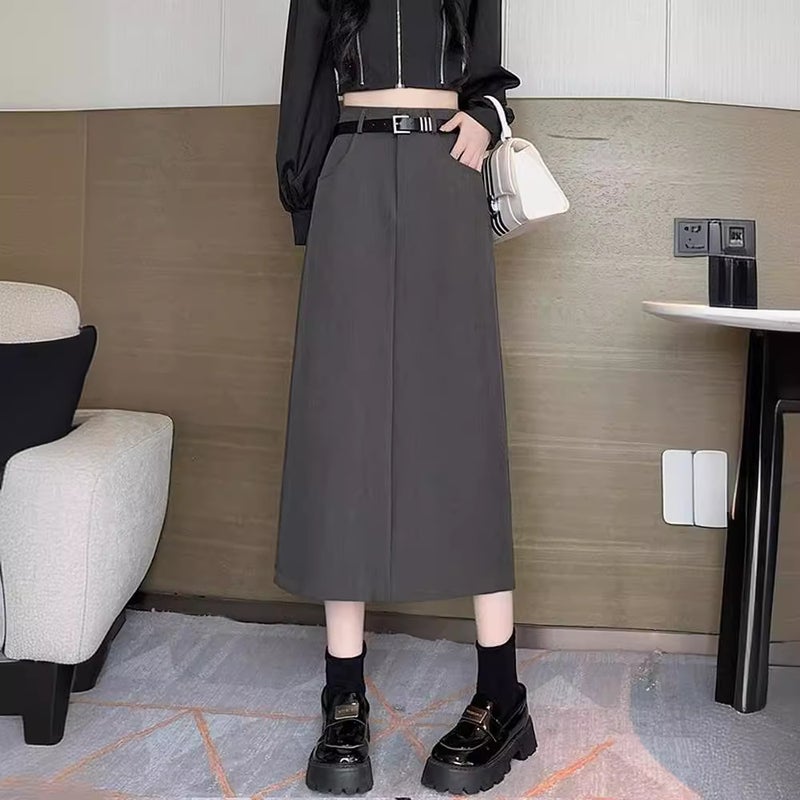 Gray Suit Skirt For Women Petite Workwear Skirt 2025 Slit Hip-Covering Long Skirt High Waist A-Line Skirt - Image 4