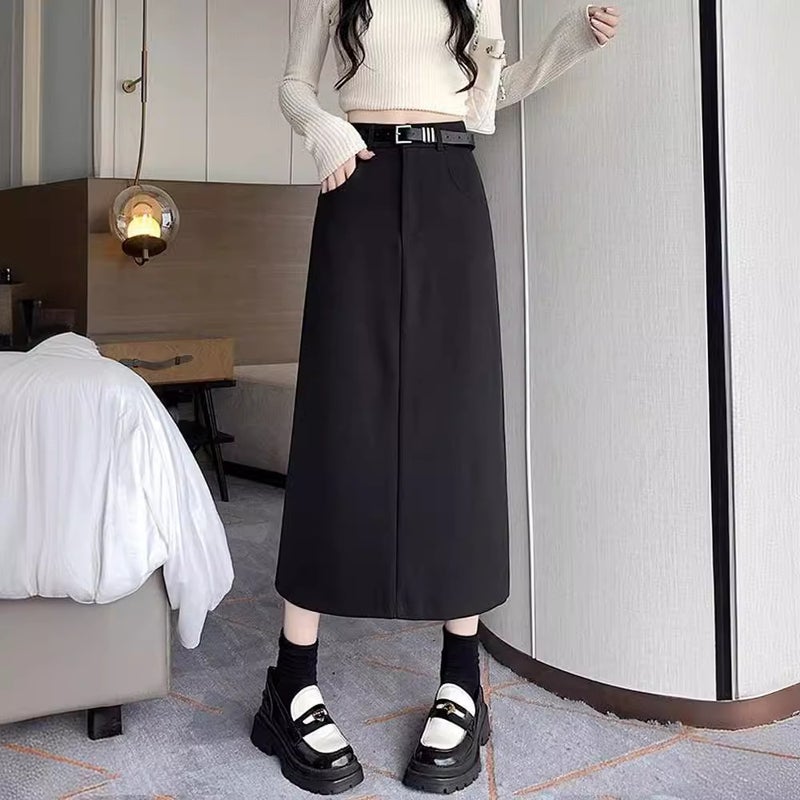 Gray Suit Skirt For Women Petite Workwear Skirt 2025 Slit Hip-Covering Long Skirt High Waist A-Line Skirt - Image 3