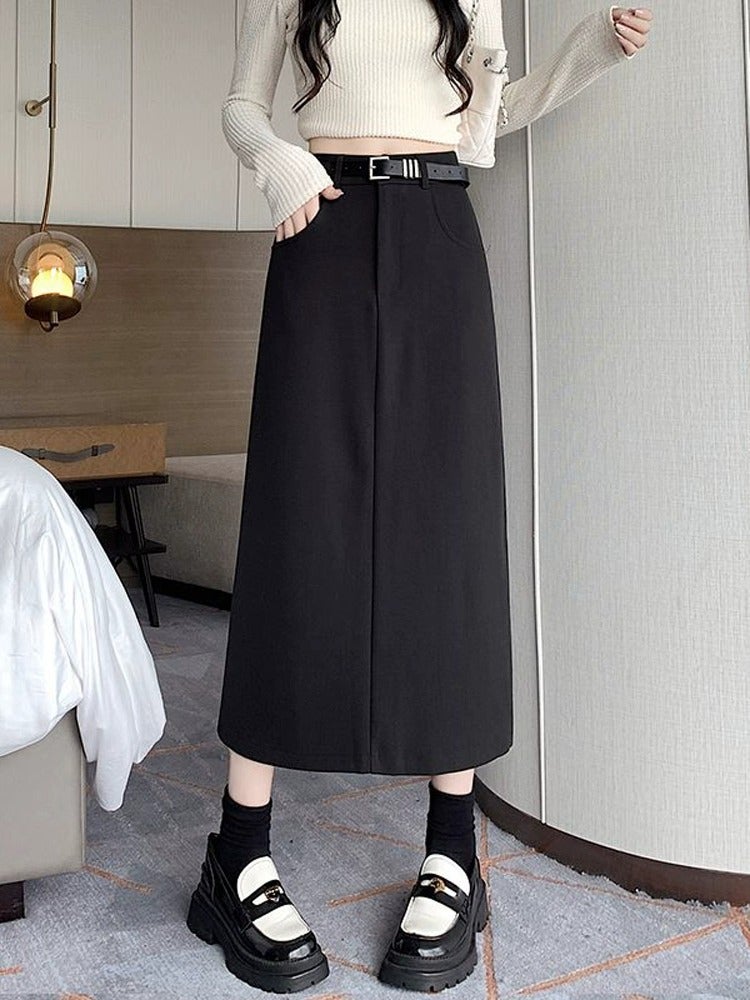 Gray Suit Skirt For Women Petite Workwear Skirt 2025 Slit Hip-Covering Long Skirt High Waist A-Line Skirt - Image 1