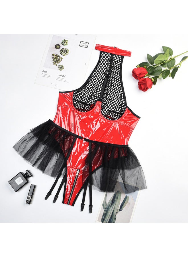 European And American New Lingerie Women Patent Leather Mesh Hollow Jumpsuit Suit