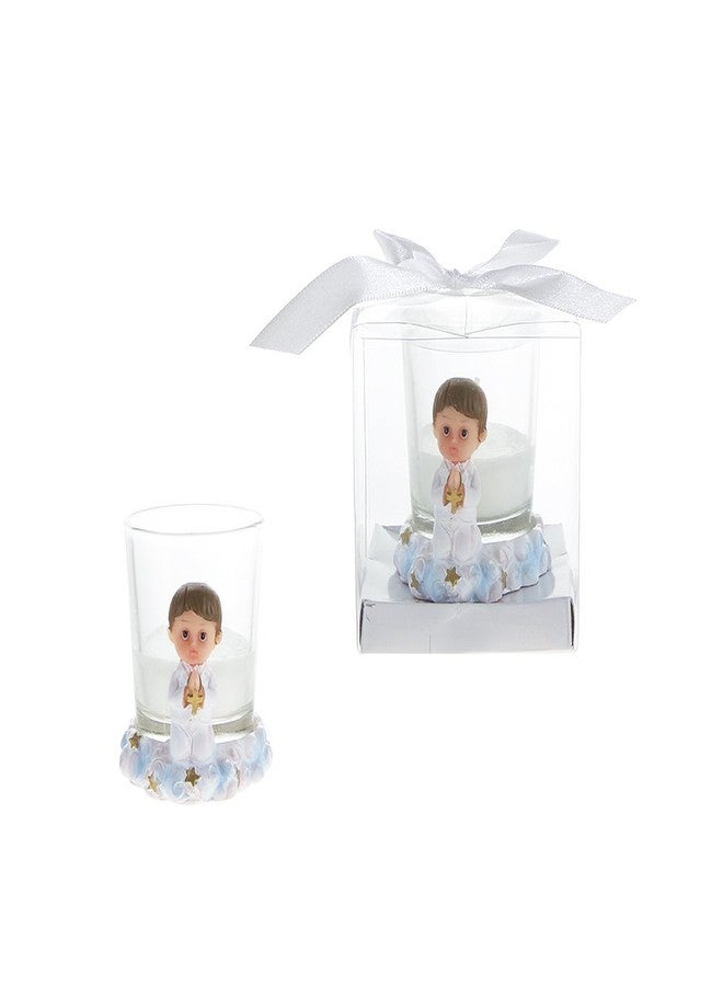 مجموعة هدايا تذكارية دينية من لوناورا - مجموعة من 12 شمعة نذرية على شكل طفل صغير يرتدي الأبيض ويصلي مع صليب - أزرق